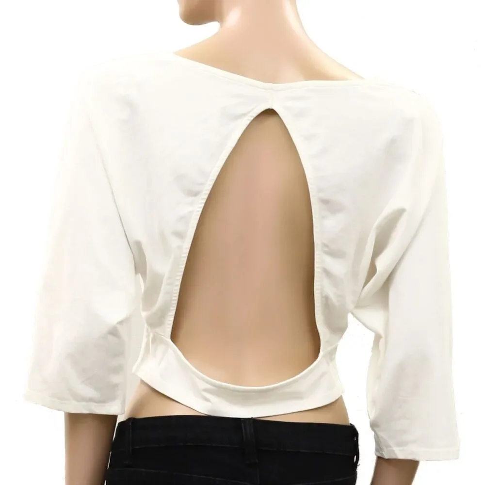 Free People Open-Back Cropped Blouse Top White 3/4 Sleeve Cotton White S 289862